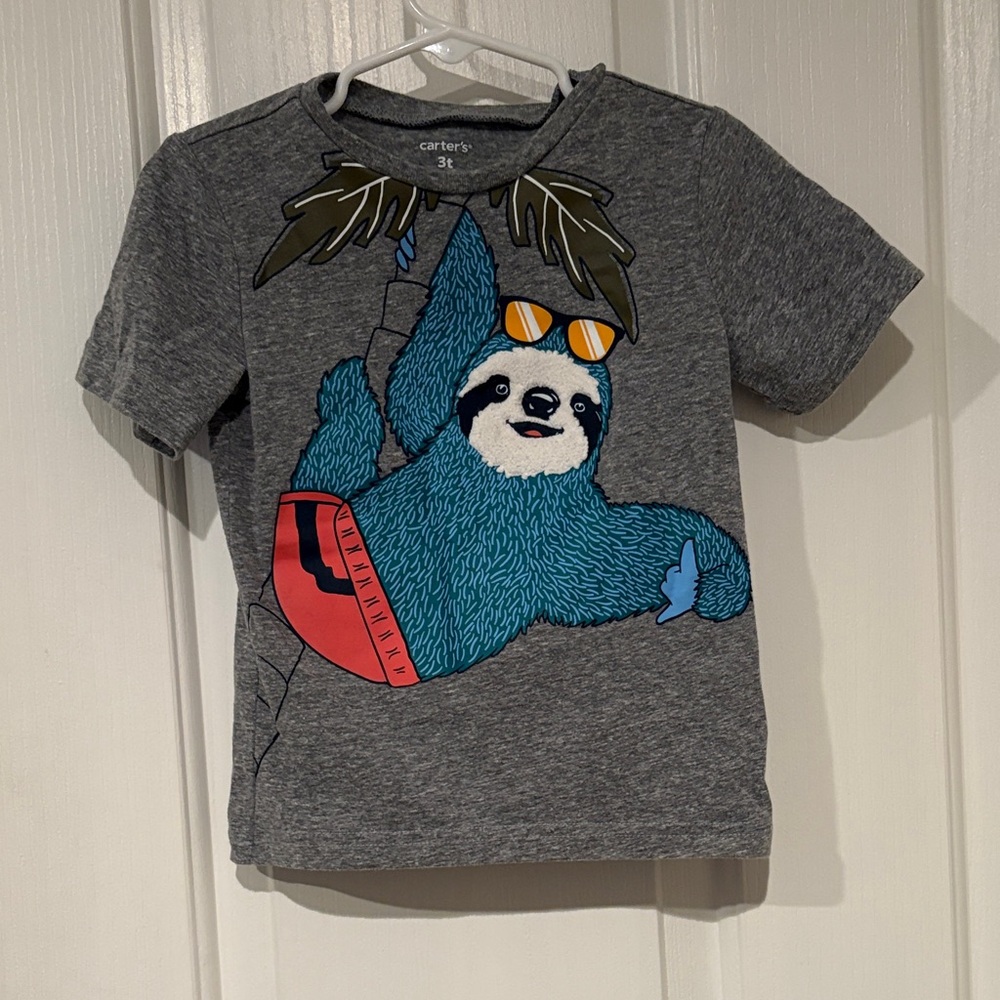 Carter's Gray Tee with Blue Sloth and Red Accents
